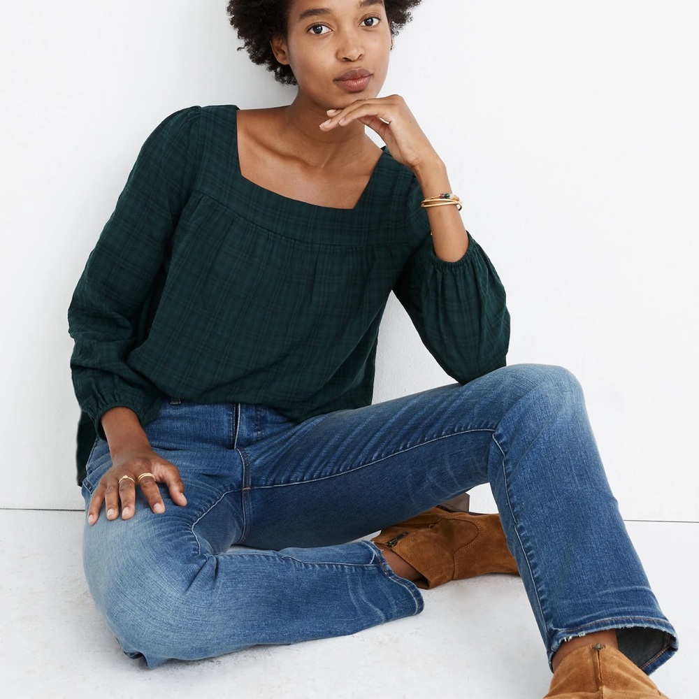 Madewell Plaid Square-Neck Peasant Top Green Size S